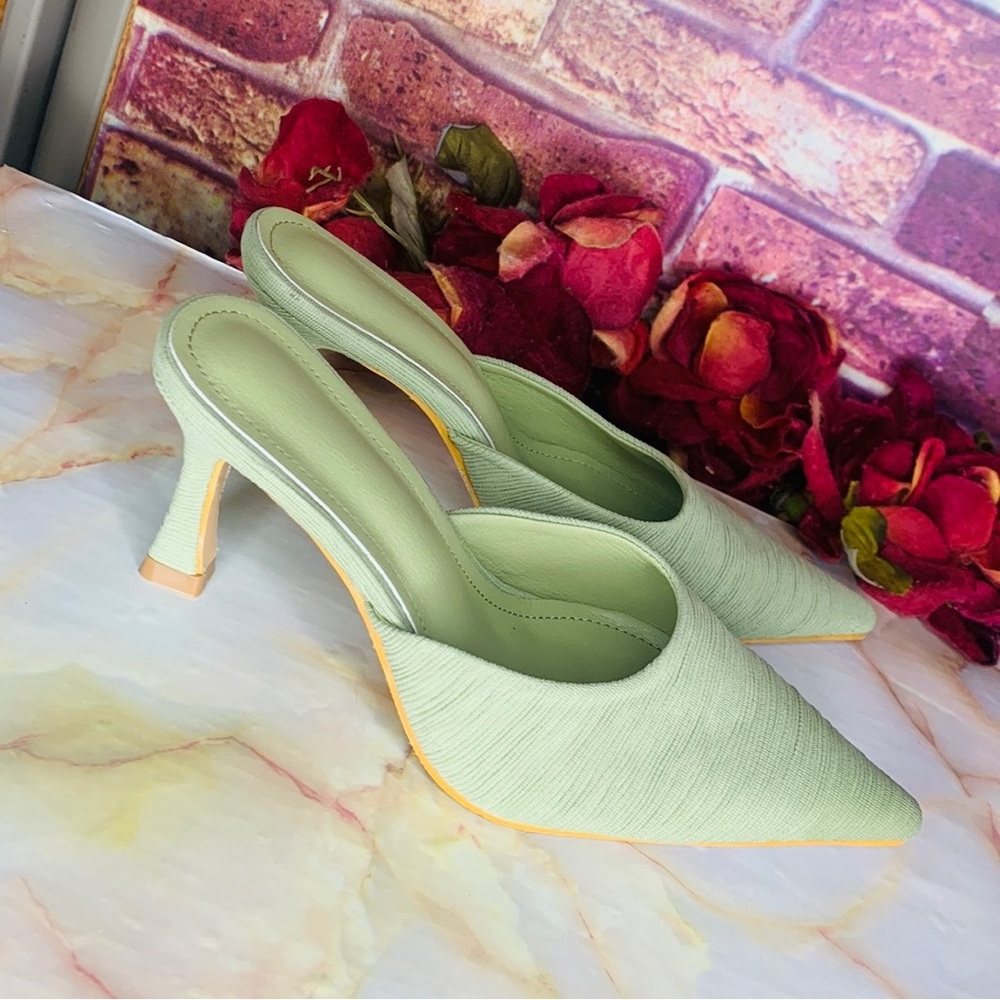 Celery Green Textured Fabric High Heeled Pointed Toe Mules